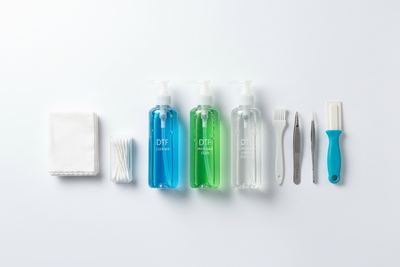 DTF cleaning kit with cleaner bottles, wipes, cotton swabs, brush, tweezers, and maintenance tools arranged on a clean white background.