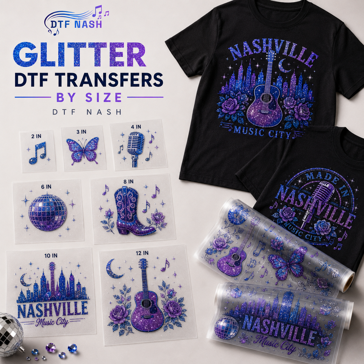 Glitter DTF Transfers By Size